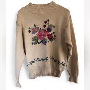 Vintage Floral Knit Sweater - Beige